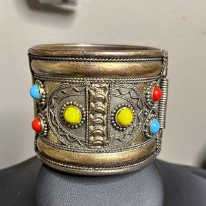 Tribal Rustic Cuff Clamper Bracelet Glass Colorful Beads